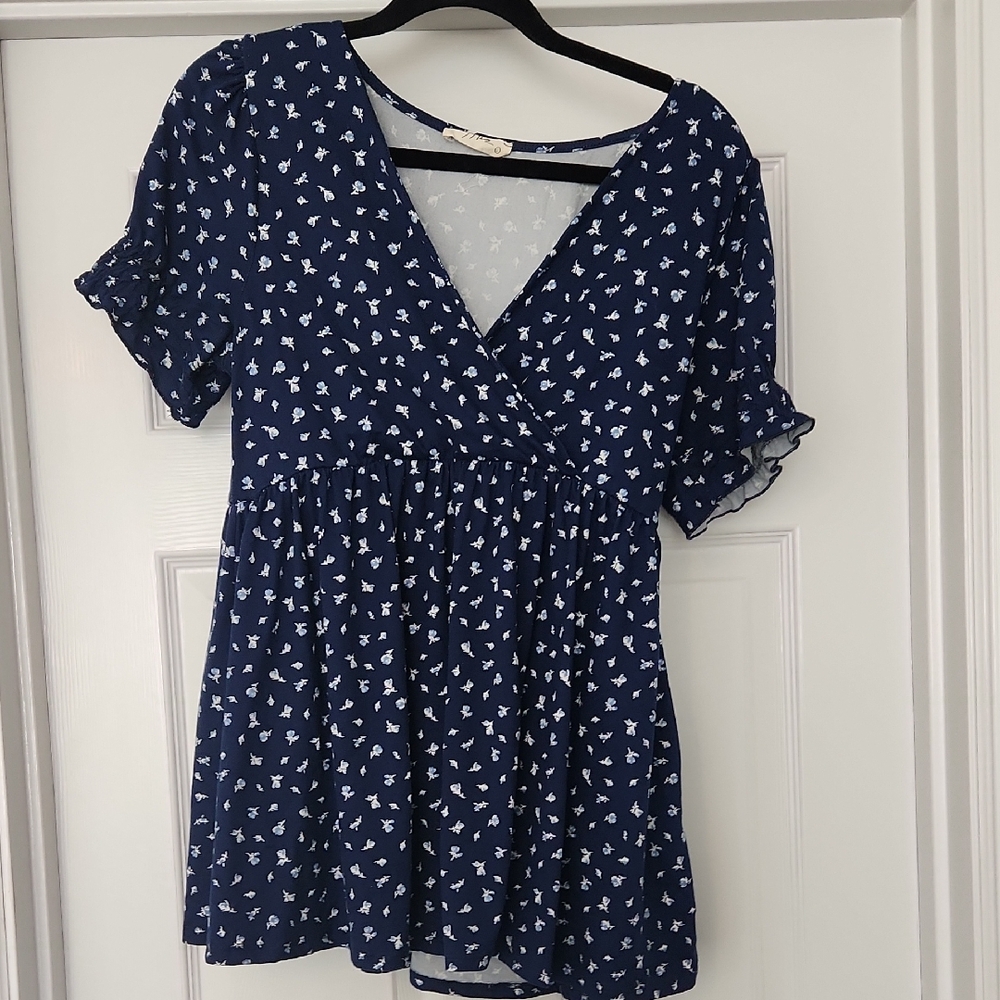 Navy Blue Floral V-Neck Wrap Maternity /Nursing Blouse